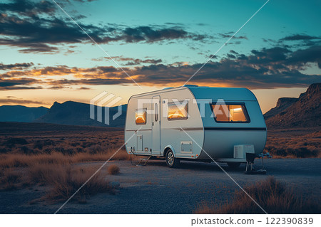 Caravan parking on desert at sunset. AI-generated item 122390839
