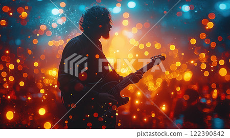 Guitarist playing electric guitar on stage in bokeh lights. AI-generated item Guitarist playing electric guitar on stage in bokeh lights. AI-generated item 122390842