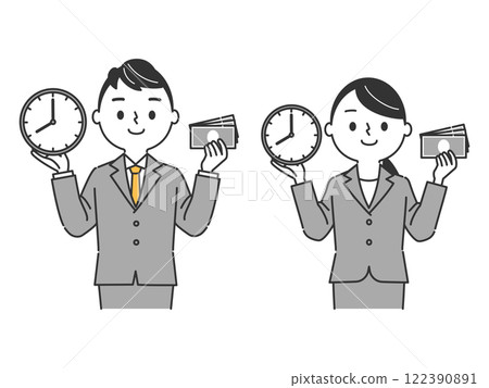 Business person holding a watch and a banknote, upper body, vector 122390891