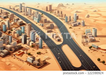 asphalt road in desert city view from above illustration 122390924