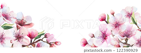 Border with watercolor pink cherry flowers and green leaves, wedding sakura isolated illustration Border with watercolor pink cherry flowers and green leaves, wedding sakura isolated illustration 122390929
