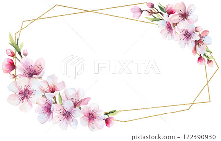 Frame with watercolor pink cherry flowers and green leaves, wedding sakura isolated illustration Frame with watercolor pink cherry flowers and green leaves, wedding sakura isolated illustration 122390930
