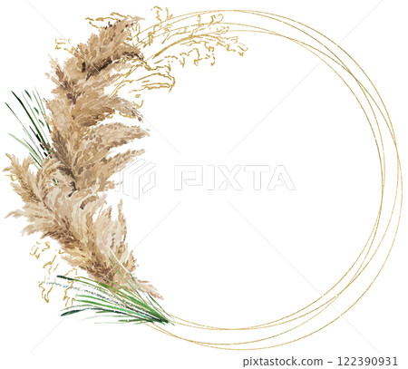 Round frame with watercolor beige, green and golden pampas grass, Boho Wedding isolated illustration Round frame with watercolor beige, green and golden pampas grass, Boho Wedding isolated illustration 122390931