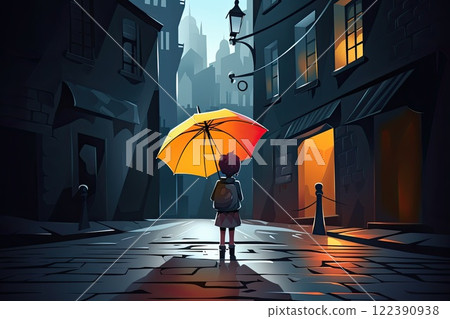 little girl stand in rain with umbrella illustration 122390938