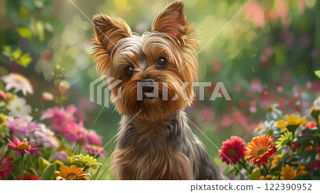 Yorkshire Terrier Exploring a Vibrant Garden, Surrounded by Blooming Flowers and Lush Greenery 122390952