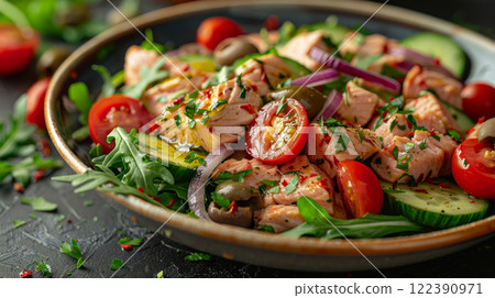 Mediterranean Tuna Salad with Olives, Capers, and Lemon Dressing 122390971