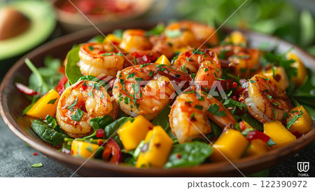 Shrimp and Mango Salad with Avocado and Lemon Olive Oil Dressing 122390972