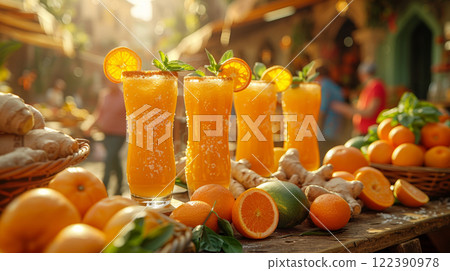 Farmers Market Table with Orange Carrot Ginger Juice, Garnished with Orange Peels and Ginger 122390978