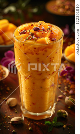 Tall Glass of Creamy Mango Lassi with Mangoes, Yogurt, Sugar Syrup, and Ice Cubes 122391010