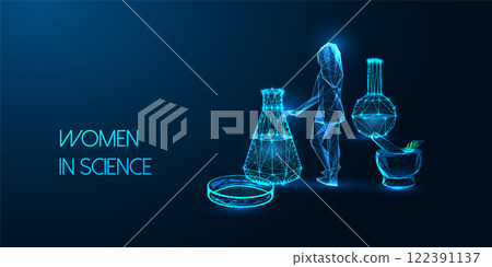 Woman in science futuristic concept with laboratory equipment, including flask, petri dish, mortar. 122391137
