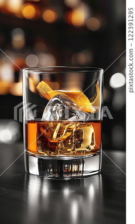 Old Fashioned Cocktail: Robust Blend of Bourbon or Rye Whiskey, Simple Syrup, Angostura Bitters, and a Twist of Orange Zest 122391295