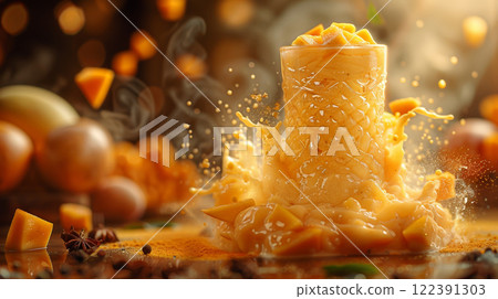 Glass of Mango Lassi Floating with Swirls of Mango Puree and Yogurt 122391303