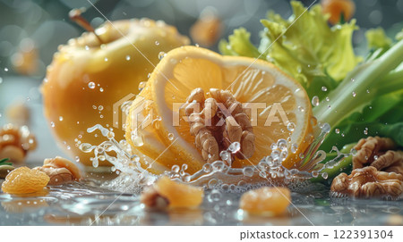 Apple Slice with Chopped Celery, Walnut, Raisin, Lemon Juice, and Greek Yogurt, Floating Against a Neutral Background 122391304