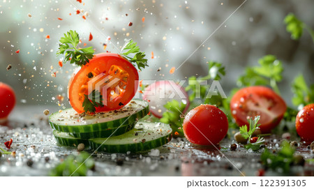 Cucumber Slice with Cherry Tomato, Bell Pepper, Radish, Green Onion, and Parsley, Floating Against a Neutral Background 122391305