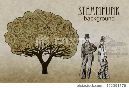Steampunk Template Edwardian Background. Victorian Party Poster. Vector Steampunk Template Edwardian Background. Victorian Party Poster. Vector 122391576