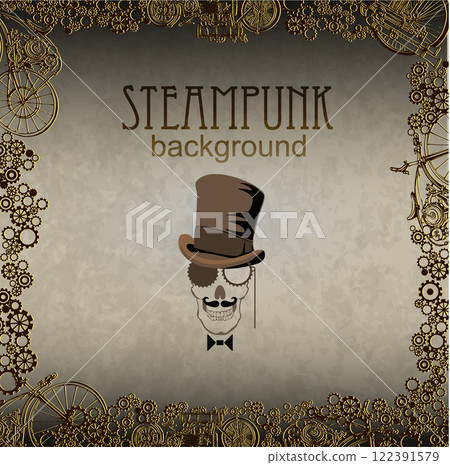 Steampunk Art Skull. Edwardian Seamless Pattern for Card. Victorian Style. Vector Steampunk Art Skull. Edwardian Seamless Pattern for Card. Victorian Style. Vector 122391579