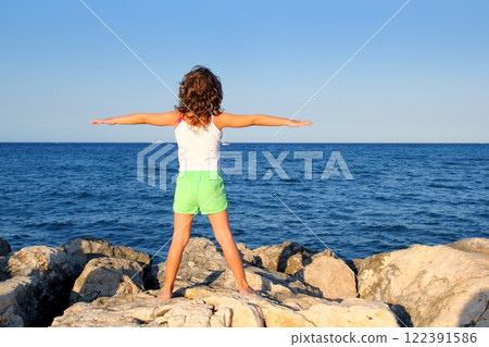 open arms girl looking blue ocean sea feel freedom 122391586