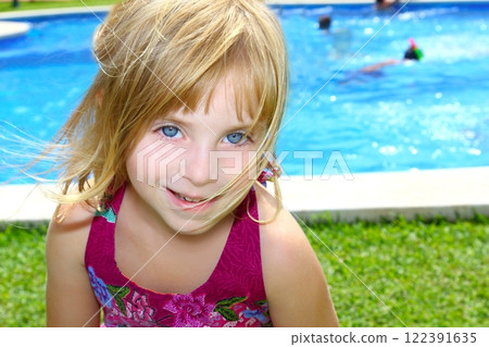 blond little girl pool garden vacation smiling portrait blond little girl pool garden vacation smiling portrait 122391635