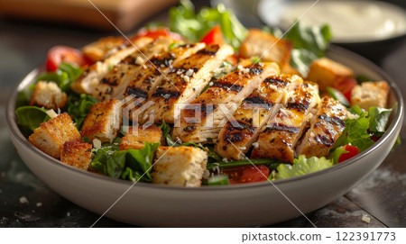 Caesar Salad with Crispy Romaine, Grilled Chicken, Parmesan, Homemade Croutons, and Yogurt-Based Caesar Dressing 122391773