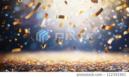 逼真繪製的人工智慧生成圖像作為祝福背景圖像,閃亮的金色五彩紙屑落下。 逼真繪製的人工智慧生成圖像作為祝福背景圖像,閃亮的金色五彩紙屑落下。 122391901