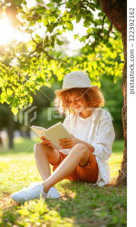 Teenager enjoys reading a mindfulness book under a sunny tree in a vibrant park setting 122392162