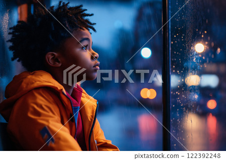 Teenage boy waits alone at a bus stop during a rainy evening in the city Teenage boy waits alone at a bus stop during a rainy evening in the city 122392248