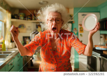 Middle-aged woman shows anger while throwing a plate in a colorful kitchen setting 122392281