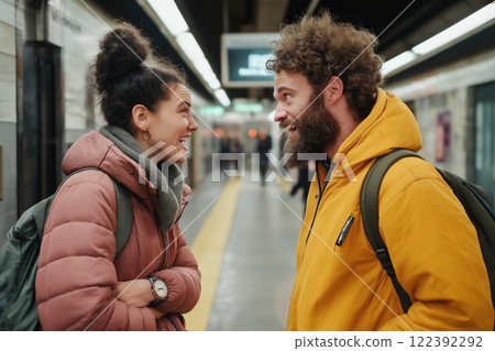 Couple arguing on a subway platform during a busy afternoon 122392292