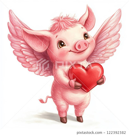 Watercolor cartoon piglet with red heart on white background 122392382
