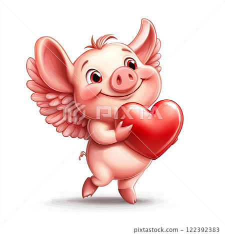 Watercolor cartoon piglet with red heart on white background Watercolor cartoon piglet with red heart on white background 122392383