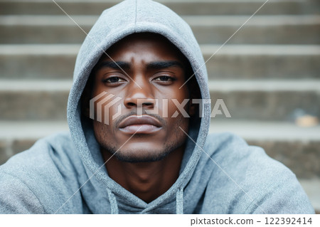 Young Black man in a hoodie sits on steps with a serious expression, reflecting on life 122392414