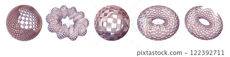 3D futuristic abstract shape set, crystal checkered cyber geometric figure, vibrant glossy sphere.  122392711