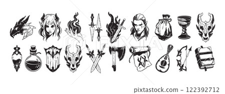 Fantasy RPG icon set, hand drawn dark line magic tattoo, vector fairy tale black sign, elf character 122392712