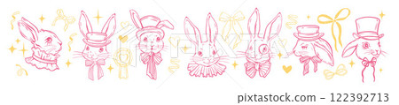 Cute baby rabbit set, vector fairy tale bunny portrait, easter spring lovely hare doodle print kit.  122392713