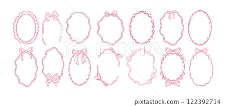 Cute ribbon frame set, vector hand drawn doodle border, pink bow line illustration, minimal design. Cute ribbon frame set, vector hand drawn doodle border, pink bow line illustration, minimal design. 122392714