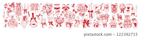 Coquettish wedding doodle set, vector hand drawn Valentine day line illustration, flower bouquet.  122392715