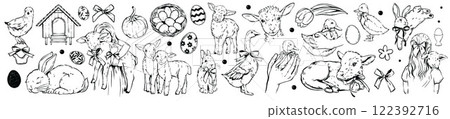 Cute farm baby animals set, vector doodle easter lamb, rabbit hand drawn illustration, little girl.  122392716