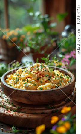Set in a vibrant garden-themed environment, scrambled eggs mixed with fresh herbs are displayed on a rustic wooden board 122392733