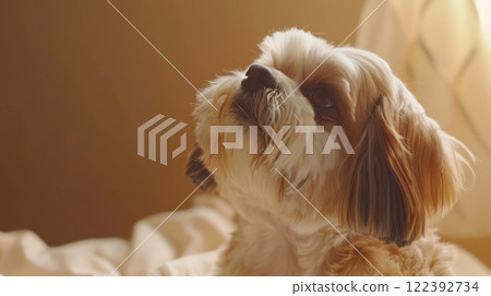 Shih Tzus . Close-up photo portrait on a beige background 122392734