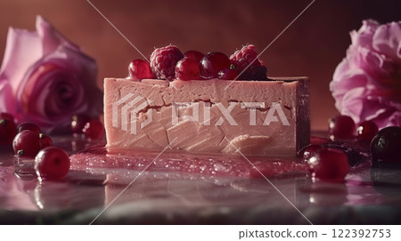 A slice of foie gras terrine levitates against a soft, neutral background, garnished with a drizzle of fruit compote, highlighting its creamy texture. 122392753