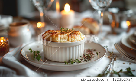 Exquisite cheese souffle in a white ramekin, served on a plate with delicate herb sprigs in an elite restaurant setting. Exquisite cheese souffle in a white ramekin, served on a plate with delicate herb sprigs in an elite restaurant setting. 122392754