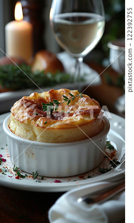 Exquisite cheese souffle in a white ramekin, elegantly presented on a plate with delicate herb sprigs. 122392755
