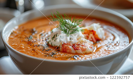 An elegant bowl of lobster bisque, garnished with sherry, creme fraiche, and fresh dill, served in a pristine white bowl in a fine dining restaurant. 122392757