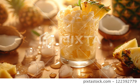 A glass filled with creamy coconut milk and aromatic pineapple juice, adorned with coconut syrup and ice cubes 122392779