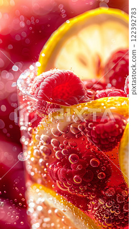 A vibrant glass filled with refreshing raspberry lemonade juice, topped with lemon slices and fresh raspberries 122392783