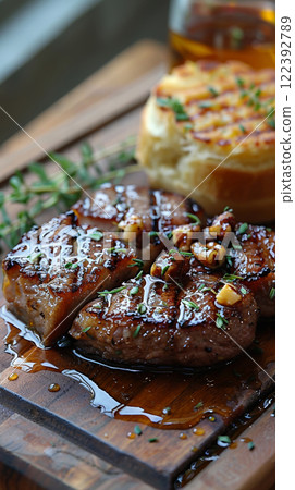 Foie gras with white beans and potato chips served on a rustic wooden board, complemented by a drizzle of truffle oil and a sprig of fresh herbs 122392789