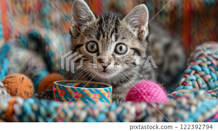In a playful setting with scattered cat toys, a curious kitten eagerly approaches a bowl of food, eyes wide with excitement. 122392794