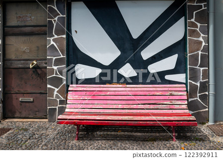 Red bench on the street, Funchal, Madeira Red bench on the street, Funchal, Madeira 122392911