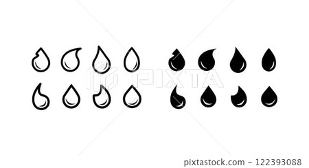 Water drop shape icon set. Blood icon symbol silhouette. Various shapes of water drops, water and rain simple icon. Plumbing logo. Blood or oil drop. Vector illustration 122393088