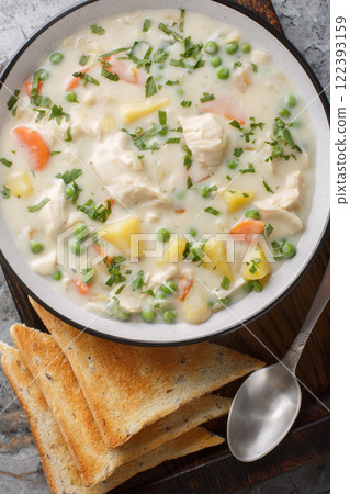 Homemade Chicken Pot Pie Soup with shredded chicken, vegetables, and a rich and creamy broth closeup on the wooden board. Vertical top view Homemade Chicken Pot Pie Soup with shredded chicken, vegetables, and a rich and creamy broth closeup on the wooden board. Vertical top view 122393159